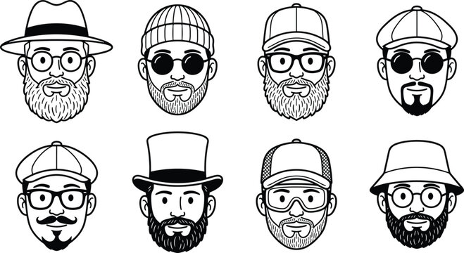 Set of diverse men avatars with various hats and glasses in line art style