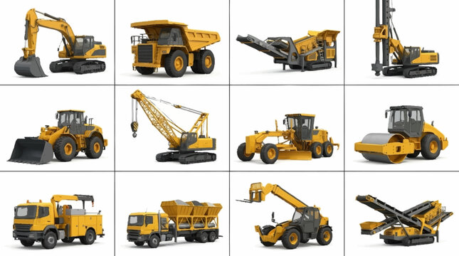 Collection of yellow construction machinery and vehicles.