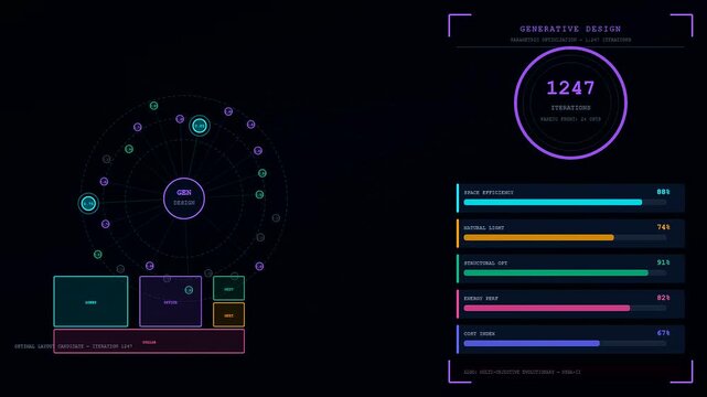 A digital bim modeling interface displays data iterations and architectural metrics on a dark glowing screen showing automated design progression for complex urban planning project
