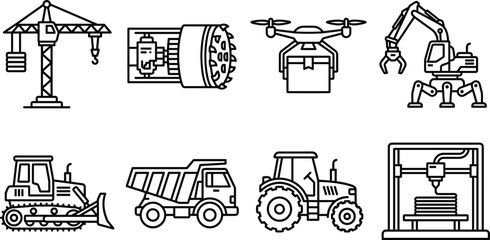 Set of industrial equipment and technology icons including heavy machinery, delivery drone, and 3D printer © IconicCreations