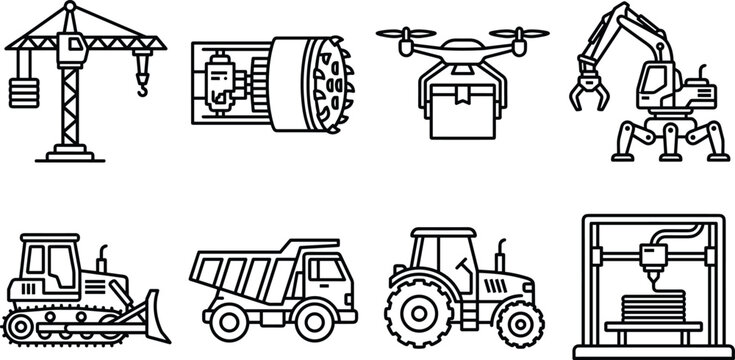 Set of industrial equipment and technology icons including heavy machinery, delivery drone, and 3D printer