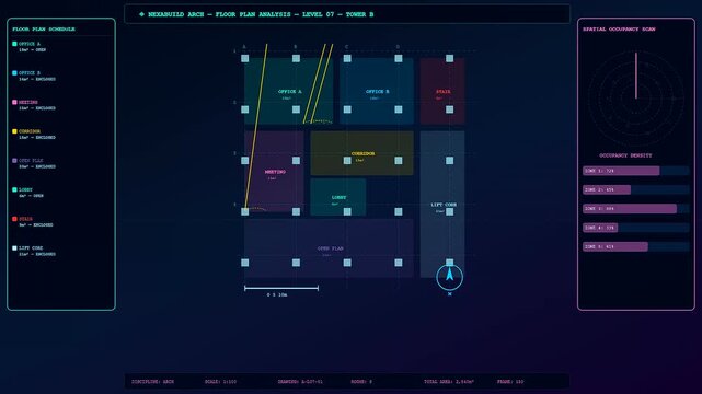 A digital bim modeling interface displays structural floor plan analysis across three dynamic stages showing grid layouts and architectural space occupancy in a dark neon aesthetic