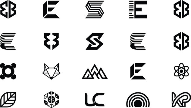 Set of modern abstract logo designs featuring letter monograms and geometric icons for corporate branding
