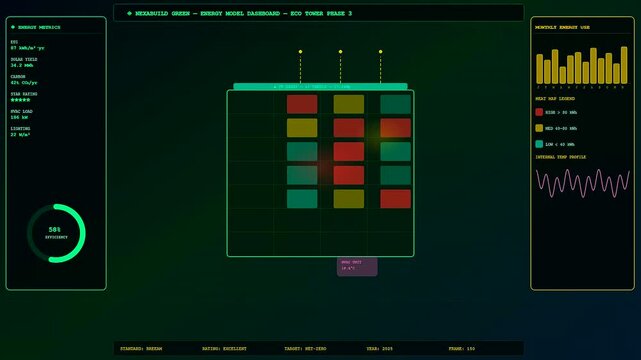Innovative bim modeling digital interface shown in three sequential stages with glowing yellow graphs and dark green ambient lighting displaying building energy metrics for modern architecture