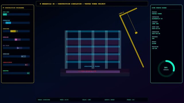 Digital simulation of bim modeling software displays a crane elevating structural steel components for a construction project on a dark screen with neon interface data panels