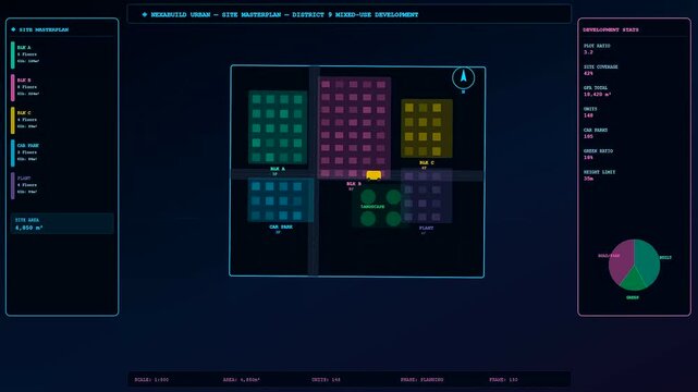 Digital urban planning with bim modeling software presented on a computer interface screen showing geometric building blocks on a dark blue glowing modular grid map