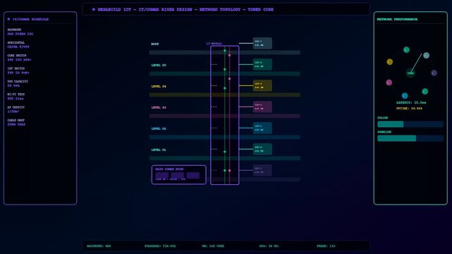 a detailed bim modeling display shows layered network infrastructure diagrams with glowing circular connectivity metrics and text indicators presented on a dark digital interface screen layout