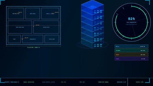 Bim modeling software interfaces displayed on a digital screen showing building construction progress with data graphs structural floor plans and isometric tower models evolving through stages
