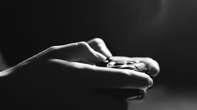 Focused hands gripping a video game controller intensely illuminated in moody black and white with smoke