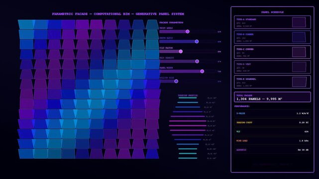 Bim modeling software interface displaying a modular architectural facade system with geometric panel geometry data sliders and performance metrics shown across a dark digital studio monitor screen