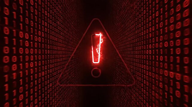 Red warning icon in binary code tunnel.