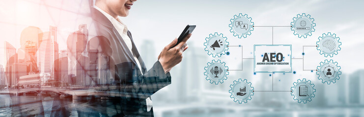 Obraz premium Business professional using smartphone with digital technology interface featuring gears and icons representing various industry connections and data analysis. Glyphic.
