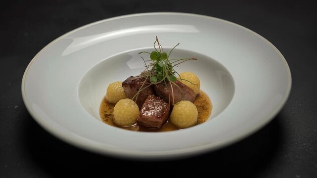 Seared beef medallion with herb garnish potato pearls brown sauce elegant plated presentation
