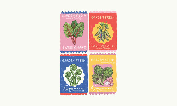 Vintage illustrated vegetable seed packets for Swiss chard, peas, fiddleheads and artichokes