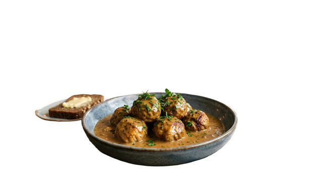 Isolated Swedish meatballs with creamy brown gravy sauce, herbs, rye bread with butter, traditional Scandinavian meal