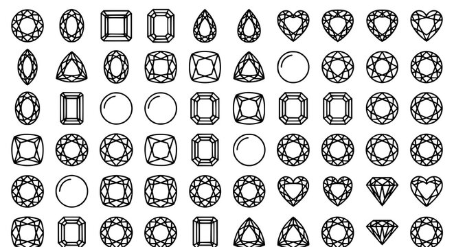 Gemstone Vector Icon Set with Diamond Ruby Sapphire Emerald and Crystal Outline Symbols