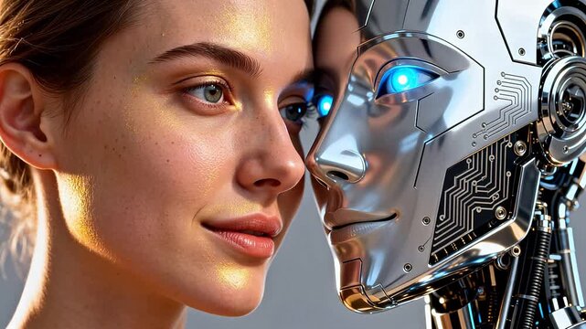 Woman and robot face to face