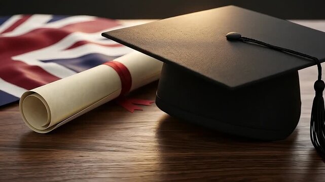Graduation Cap and Diploma with Union Jack Flag on Wooden Table