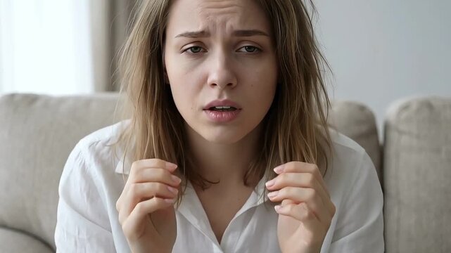  woman suffering from headache pressing temples with fingers eyes closed