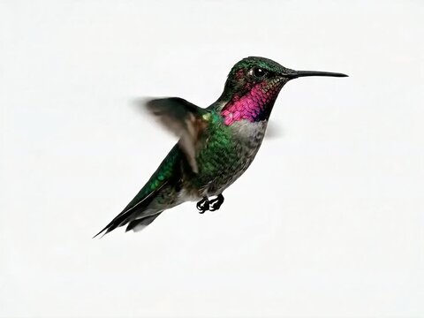 Hummingbird in flight with iridescent green and pink feathers against a white background