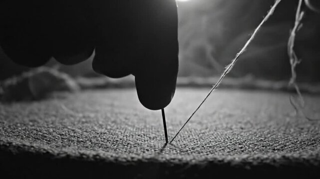 Black and white close up of hands sewing a thread through woven fabric with needle and stitch