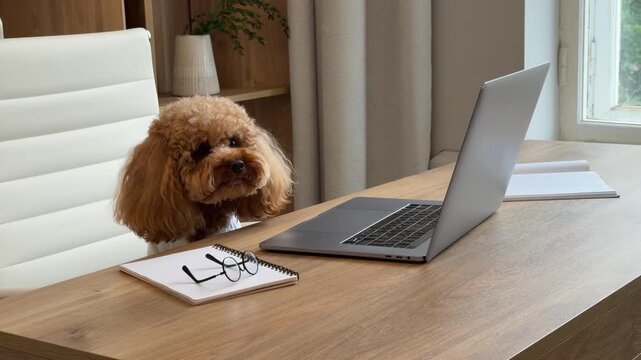 Curly brown dog interacting with home workspace across clip showing settling into rest