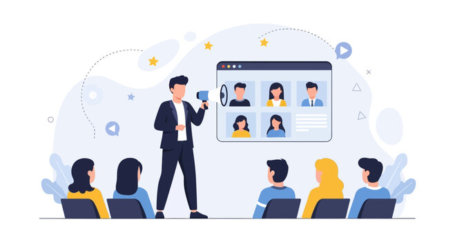 Online Business Meeting Presentation with Speaker and Audience, Digital Communication and Teamwork
