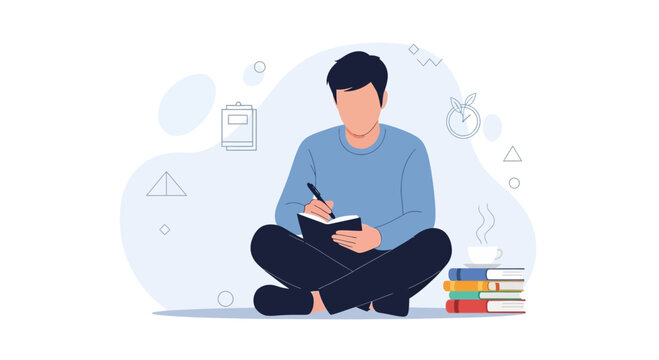 Person writing in notebook with stack of books and coffee, representing education, learning, and creativity