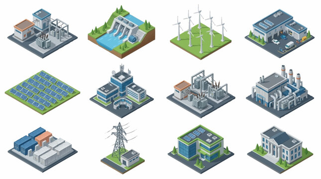 Isometric illustrations of various industrial and energy facilities.