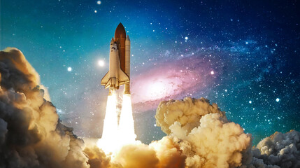Space Shuttle in the sky. Rocket fly in space with galaxy. Spaceship mission. Launch of rocket carry astronauts in outer space. Elements of this image furnished by NASA. Not AI. Photo collage  © dimazel