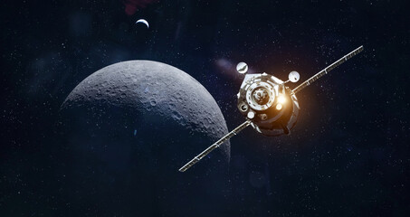 Spacecraft on orbit of Moon and Earth. Spaceship of Artemis mission with astronauts near Moon surface. Exploration of our satellite. Return on Moon. Elements of this image furnished by NASA  © dimazel
