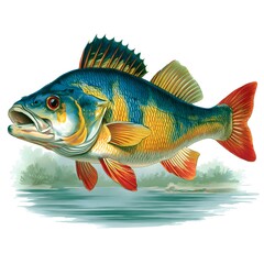 Fototapeta premium Vibrant illustration of a colorful perch fish with striking blue and yellow scales jumping from water