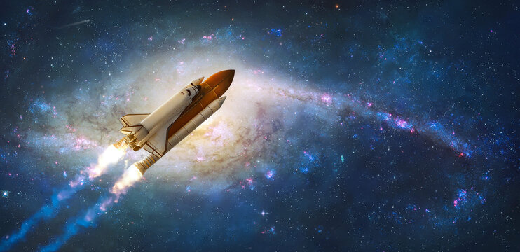 Space Shuttle in the stars. Rocket fly in outer space. Spaceship mission. Sci-fi science wallpaper. Launch of rocket carry astronauts in outer space. Elements of this image furnished by NASA. Not AI