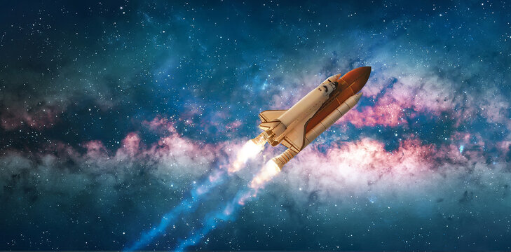 Space Shuttle in the stars. Rocket fly in outer space. Spaceship mission. Sci-fi science wallpaper. Launch of rocket carry astronauts in outer space. Elements of this image furnished by NASA. Not AI
