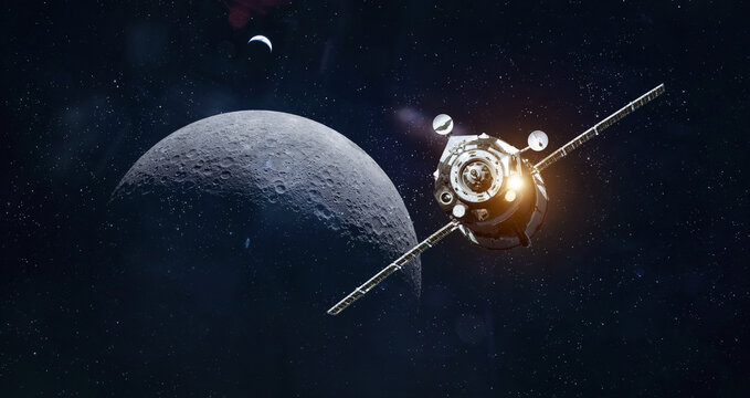 Spacecraft on orbit of Moon and Earth. Spaceship of Artemis mission with astronauts near Moon surface. Exploration of our satellite. Return on Moon. Elements of this image furnished by NASA
