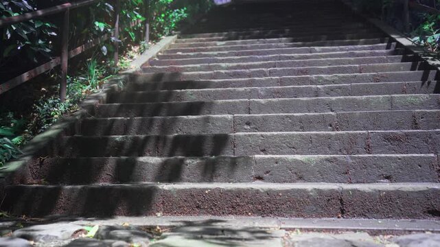 Japanese Shinto Shrine Stone Steps in Forest, Cinematic Dappled Sunlight B-roll for Travel Documentary and Commercial Background