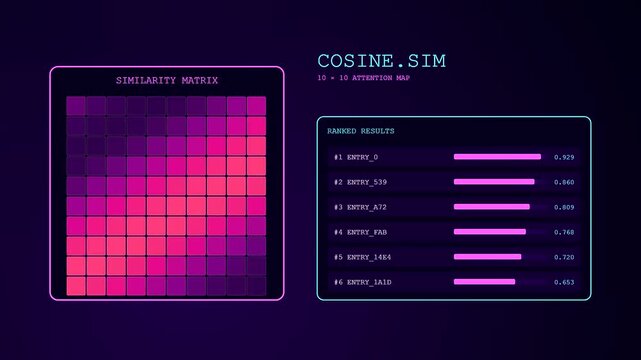 This futuristic interface visualizes a Vector Database Query processing through a similarity matrix and ranked results within a dark digital environment during high speed data analysis.