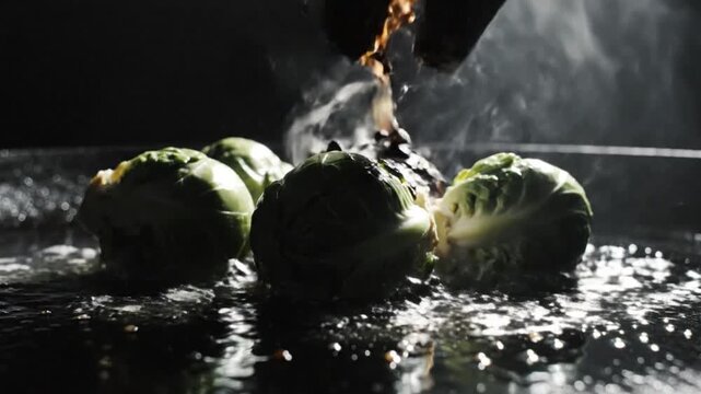 Close up shot of fresh brussel sprouts sizzling in a hot pan with butter and steam rising in the kitchen