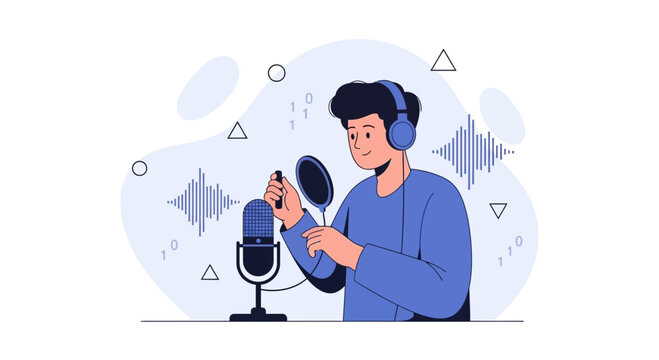 Young Man with Headphones Recording Audio with Microphone in Studio, Sound Waves and Binary Code Background