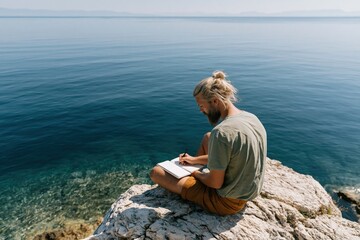 Fototapeta premium Man writing in a notebook on a rocky seaside overlooking the ocean for travel journal background and meditation poster