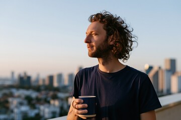 Obraz premium Young man holding coffee mug on rooftop at sunrise with city skyline for lifestyle banner and morning routine background
