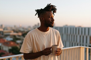 Obraz premium Relaxed young man on rooftop balcony holding coffee mug at sunrise with city skyline for lifestyle background and morning routine banner design