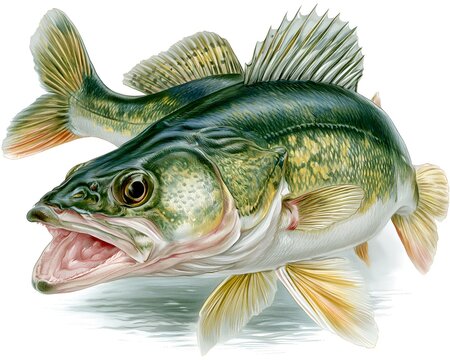 Detailed illustration of a walleye fish with its mouth open, showcasing vibrant colors and dynamic movement