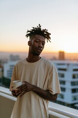 Obraz premium Young man with dreadlocks holding a mug on a balcony at sunrise overlooking a city skyline for urban lifestyle background and morning beverage scene