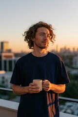 Obraz premium Young man with curly hair holding a warm mug on a rooftop at golden hour for lifestyle portrait and morning routine background for wellness and mindful living banner