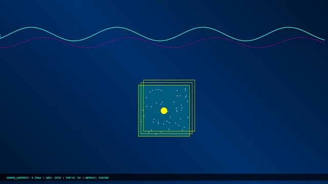 An abstract motion graphic illustrates a vector database query with neon particles shifting around a central point to visualize complex data retrieval and algorithmic matching.
