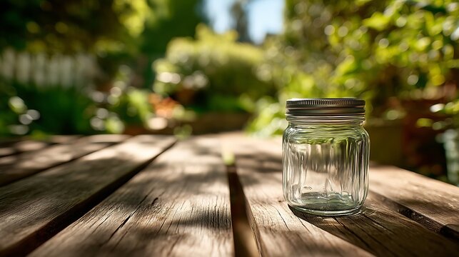 Glass jar on a picnic table in a sunny outdoor park, natural daylight, clean minimal composition, and soft green bokeh background with a fresh lifestyle feel.