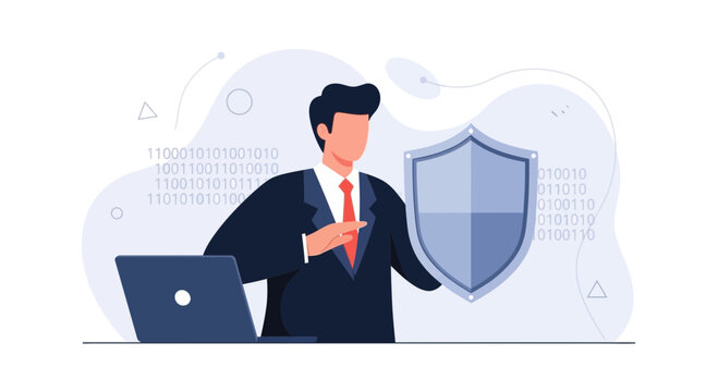 Businessperson with Shield and Laptop, Representing Cybersecurity, Data Protection, and Digital Security