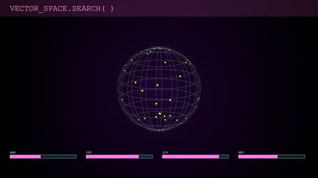 A sophisticated vector database query executes on a dark interface while a rotating wireframe sphere visualizes complex data points and system performance levels fluctuate rapidly.
