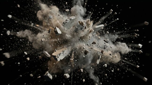 Chunks of stone, rock, and dust exploding violently outward against a black background.